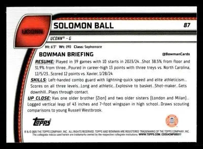 2024-25 Bowman University Chrome #87 Solomon Ball - Basketball Card Single