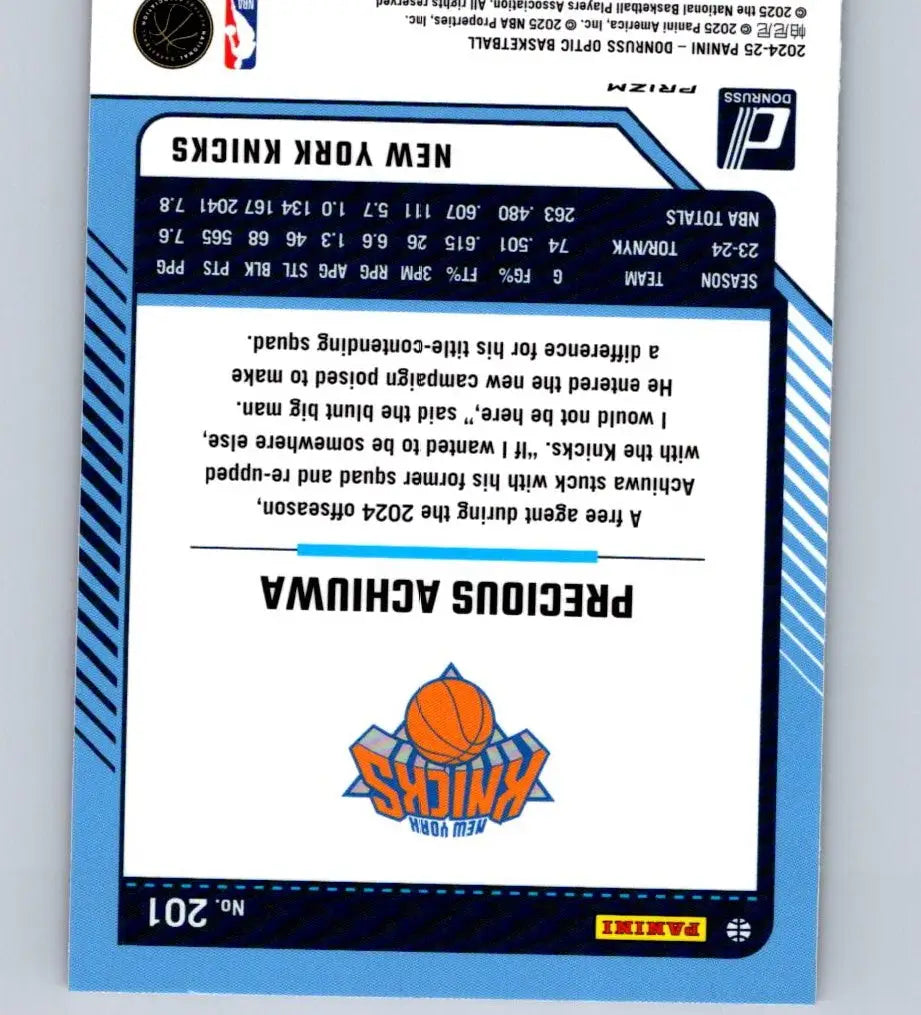 Basketball trading card of Precious Achiuwa with stats and Knicks logo, 2024-25 Achiuwa Hyper Pink