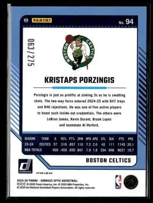 2024-25 Donruss Optic #94 Kristaps Porzingis Pink Glitter #/275 Boston Celtics - Basketball Card Single