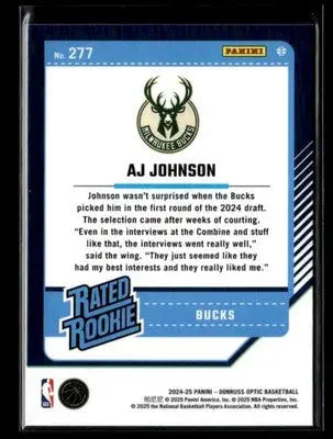 2024-25 Donruss Optic AJ Johnson #277 Base RC Milwaukee Bucks - Basketball Card Single