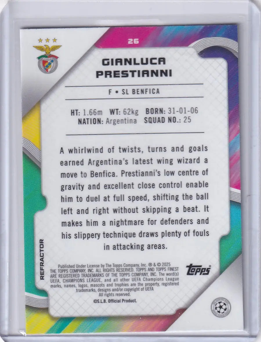 Gianluca Prestianni trading card from 2024-25 Finest SL Benfica rookie collection