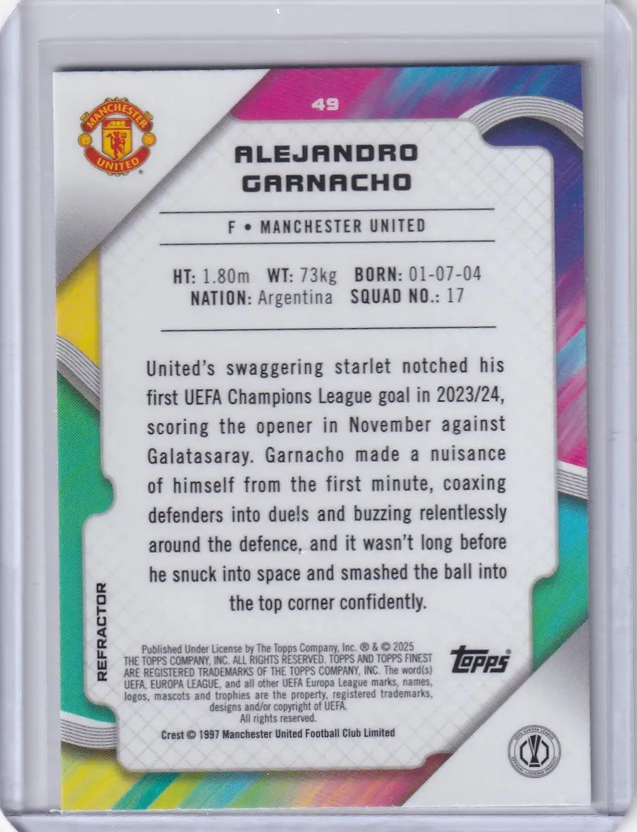 Alejandro Garnacho Manchester United soccer card from 2024-25 Finest series