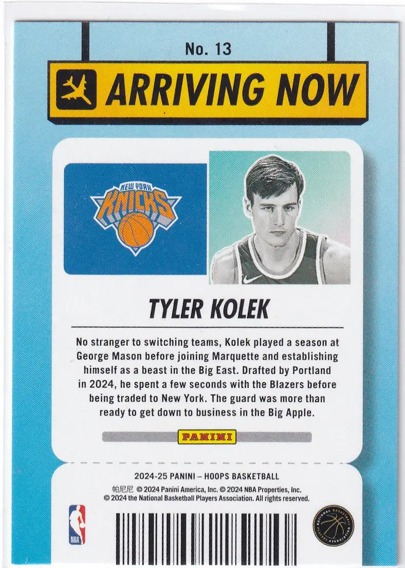2024-25 HOOPS #13 TYLER KOLEK ARRIVING NOW- NEW YORK KNICKS - Basketball Card Single