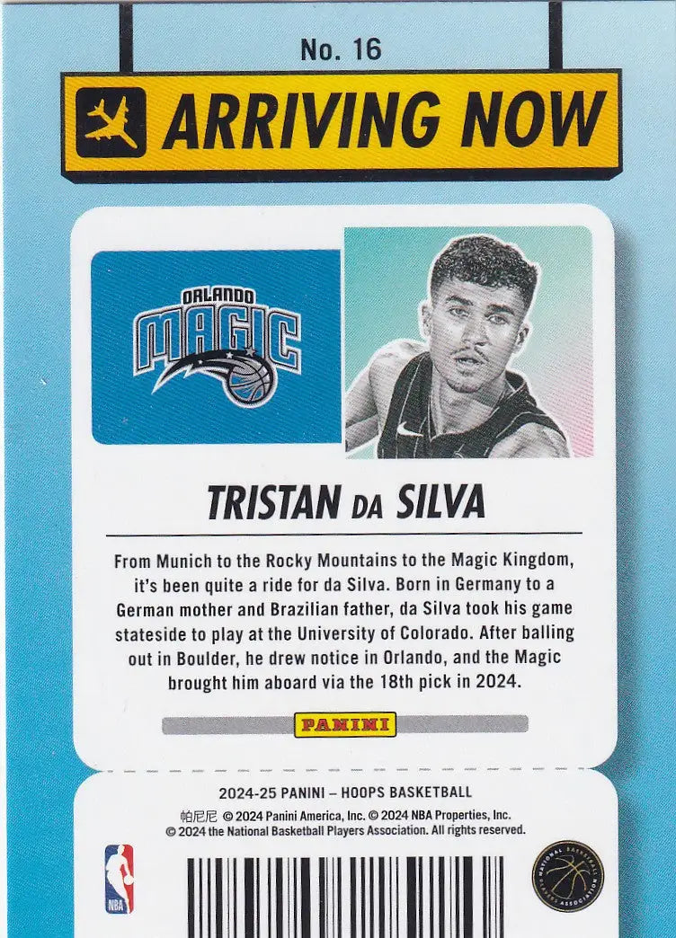 2024-25 HOOPS #16 TRISTIAN DA SILVA ARRIVING NOW- ORLANDO MAGIC - Basketball Card Single