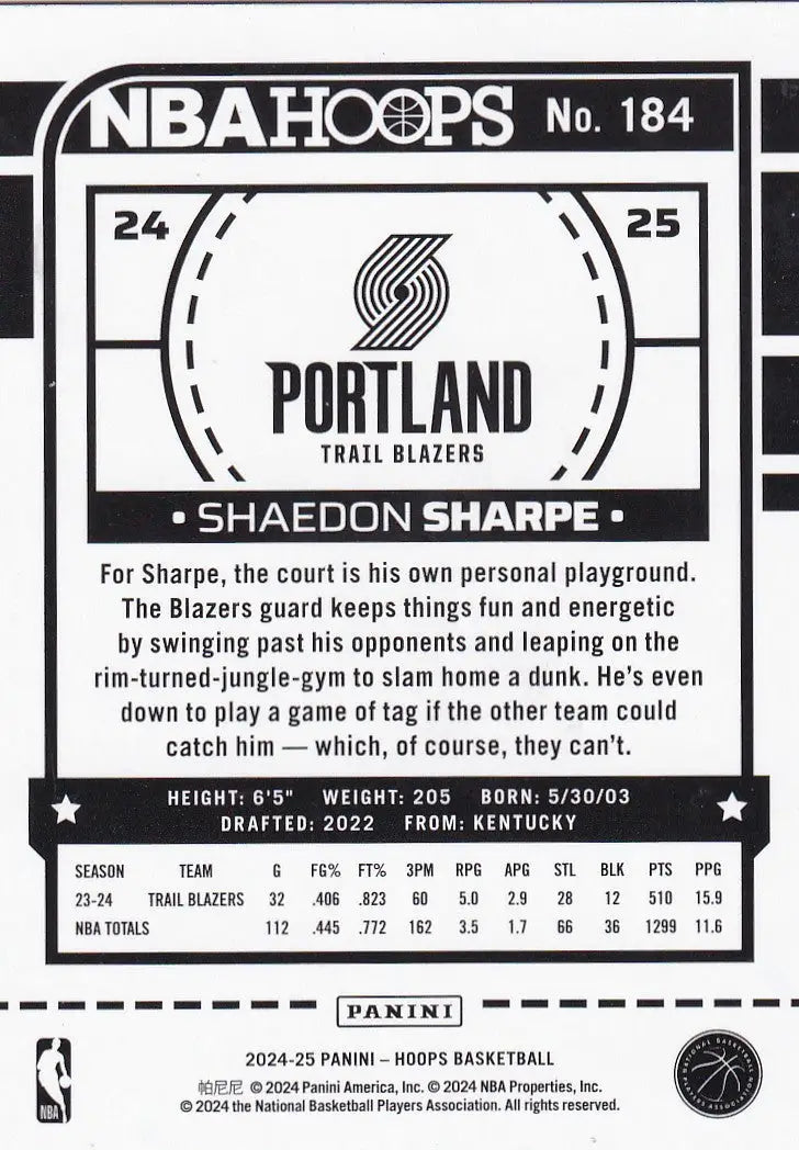 2024-25 HOOPS #184 SHAEDON SHARPE PURPLE- PORTLAND TRAIL BLAZZERS - Basketball Card Single