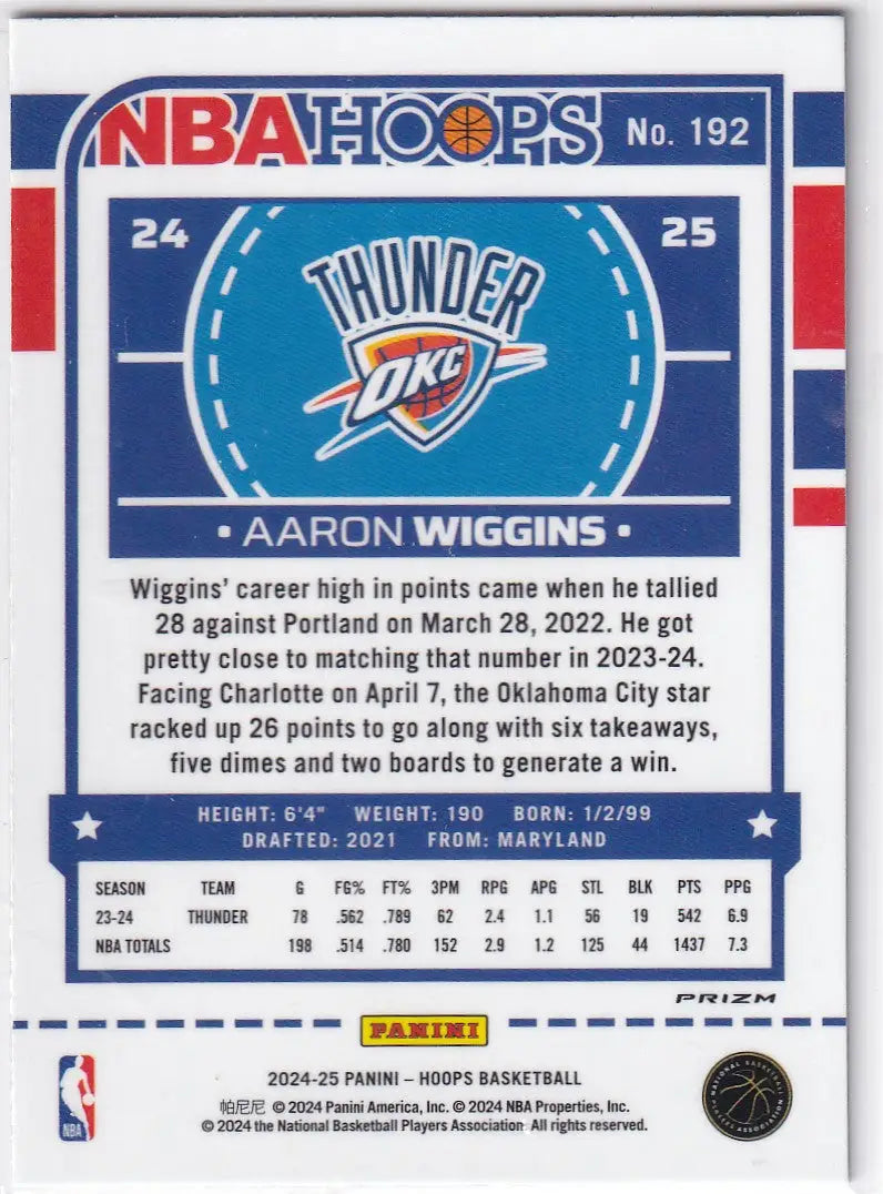 2024-25 HOOPS #192 AARON WIGGINS GREEN- OKLAHOMA CITY THUNDER - Basketball Card Single