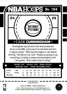 2024-25 Hoops #194 Cade Cunningham - Basketball Card Single