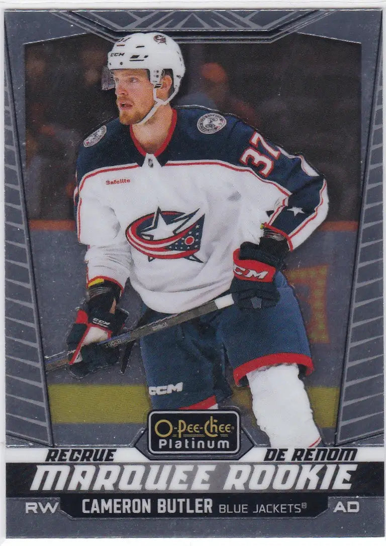 Hockey trading card featuring Cameron Butler Blue Jackets in 2024-25 O-Pee-Chee Platinum Marquee Rookie