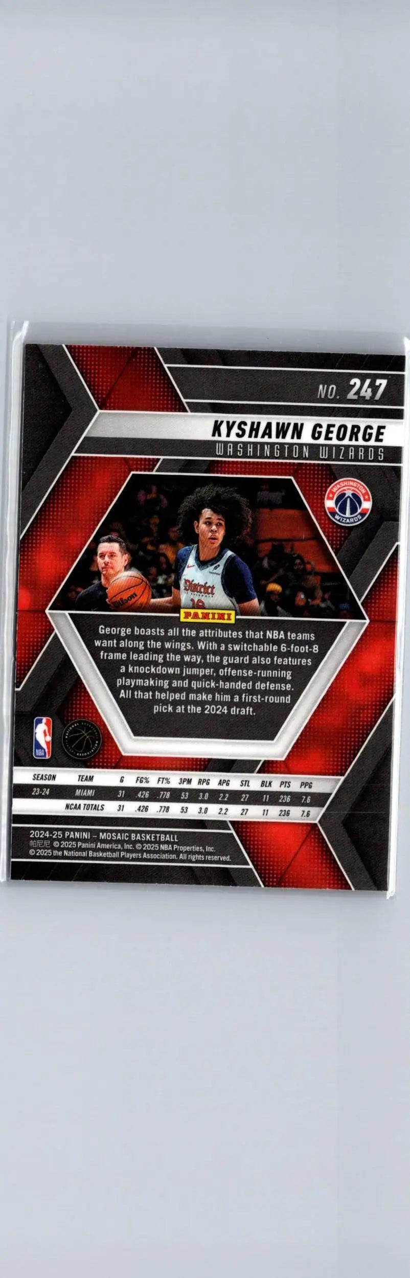 Basketball trading card featuring Kyshawn George and statistics from Panini Mosaic 2024-25