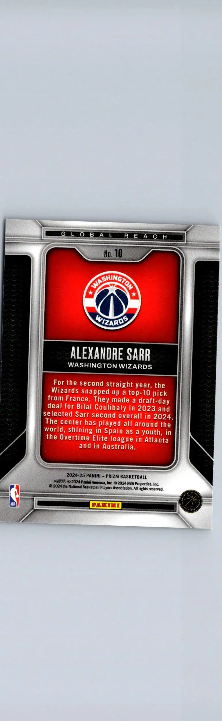 Basketball trading card featuring Alexandre Sarr of the Washington Wizards from Sarr Global Reach Prizms Silver
