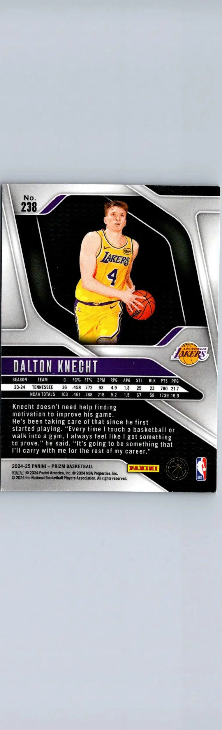 Basketball trading card featuring Dalton Knecht in yellow jersey from Panini Prizm 2024-25