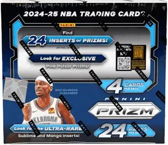 Sealed 2024-25 Panini Prizm Basketball retail box with Shai Gilgeous-Alexander, inserts prizms, and exclusive Pink Pulsar Prizms