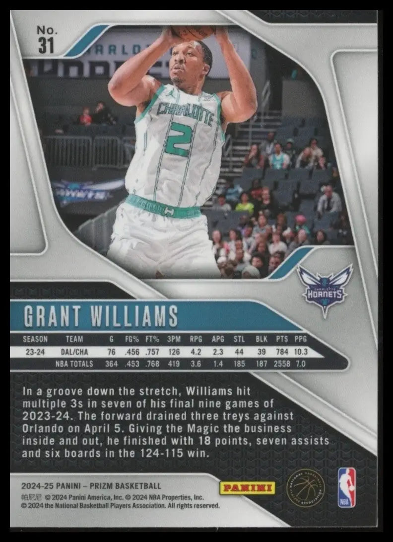2024-25 Panini Prizm Grant Williams #31 Charlotte Hornets Basketball Card NBA - Basketball Card Single