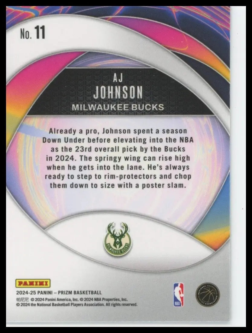 2024-25 Panini Prizm Instant Impact AJ Johnson Rookie #11 Milwaukee Bucks Card - Basketball Card Single