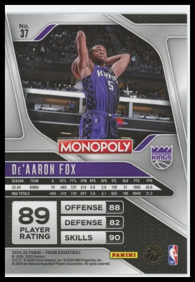 2024-25 Panini Prizm Monopoly Panini De’Aaron Fox #37 Sacramento Kings Card NBA