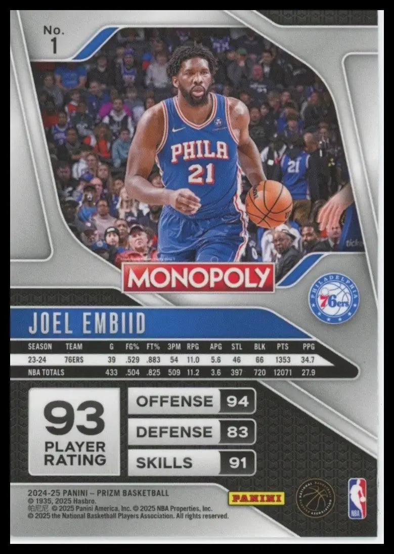 2024-25 Panini Prizm Monopoly Joel Embiid #1 Philadelphia 76ers Basketball Card - Basketball Card Single