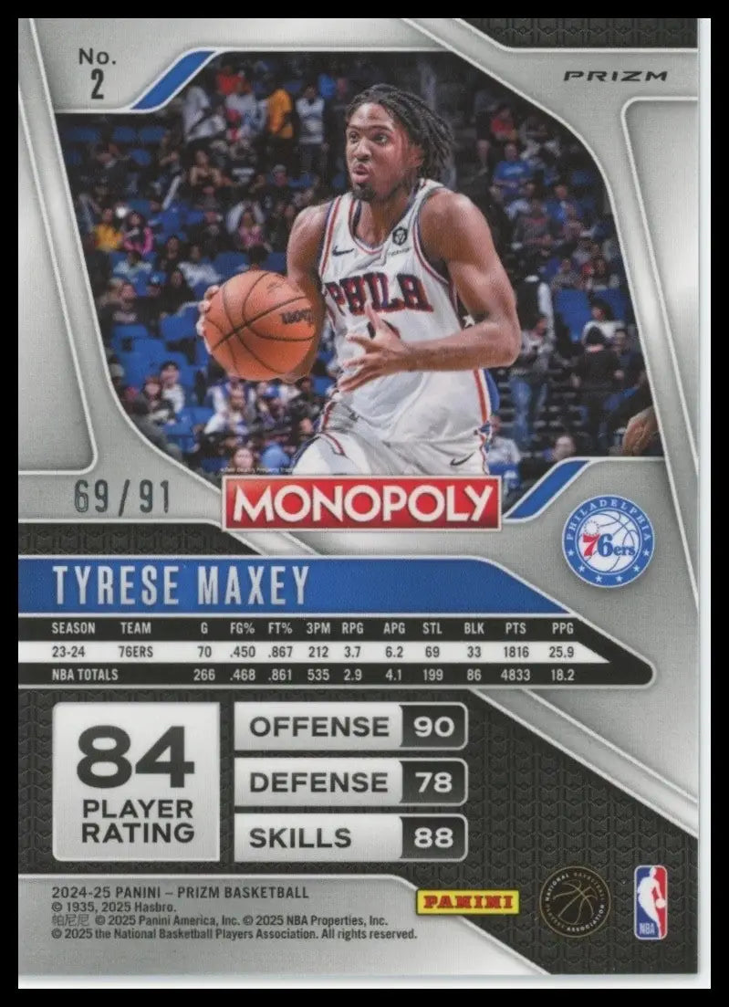 2024-25 Panini Prizm Monopoly Purple /91 Tyrese Maxey #2 Philadelphia 76ers Card - Basketball Card Single