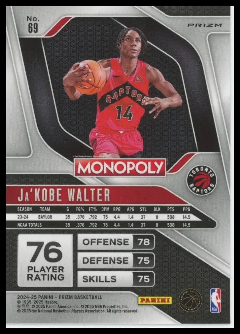 2024-25 Panini Prizm Monopoly Red Jakobe Walter Rookie #69 Toronto Raptors Card - Basketball Card Single