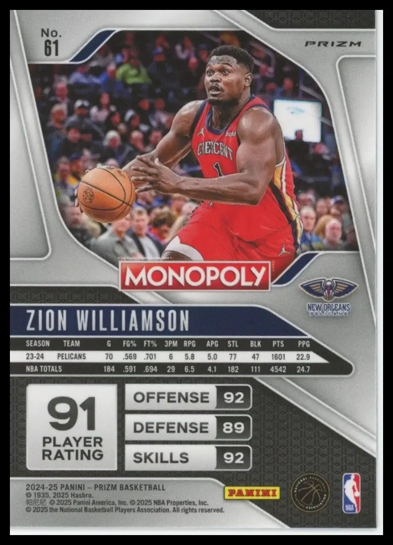 2024-25 Panini Prizm Monopoly Red Zion Williamson #61 New Orleans Pelicans Card