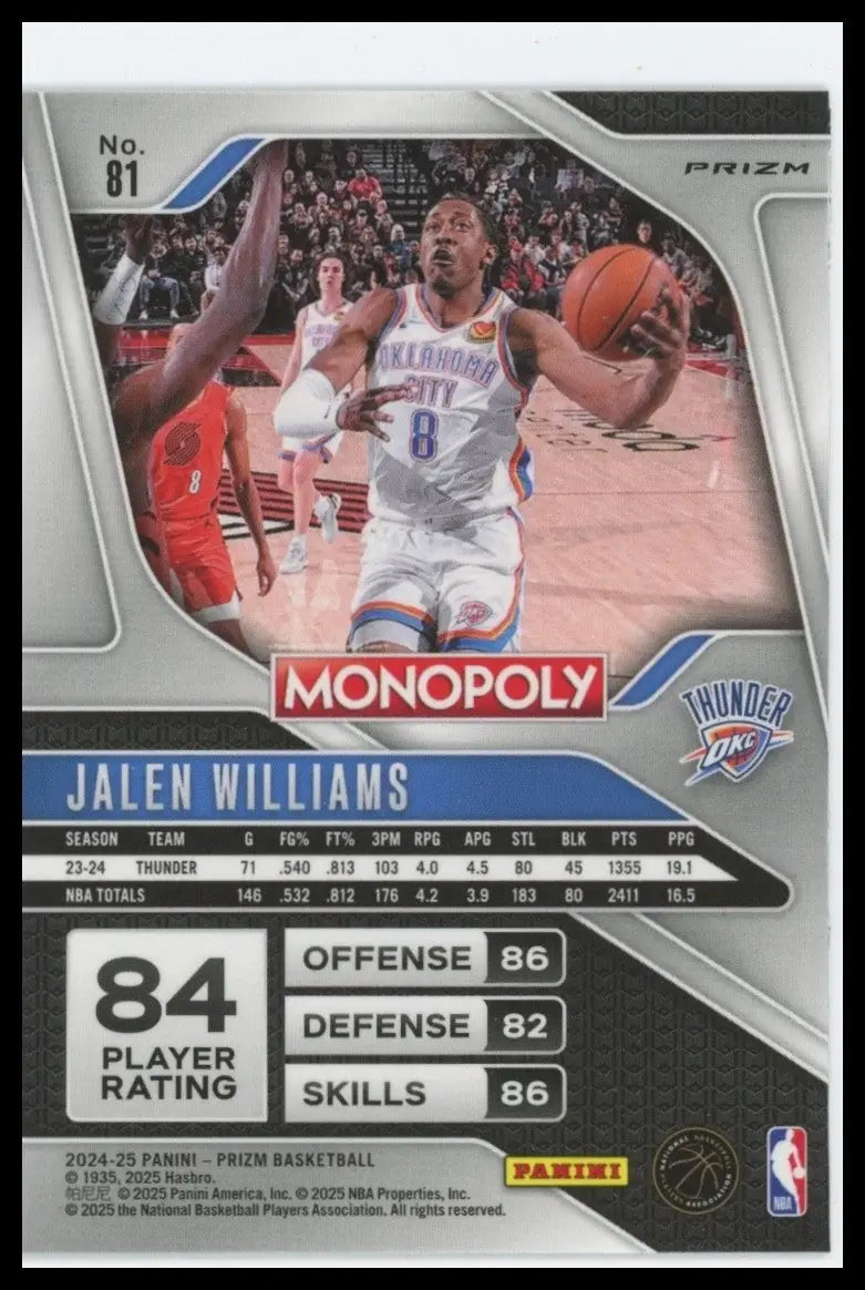 2024-25 Panini Prizm Monopoly Silver Jalen Williams #81 Oklahoma City Thunder - Basketball Card Single