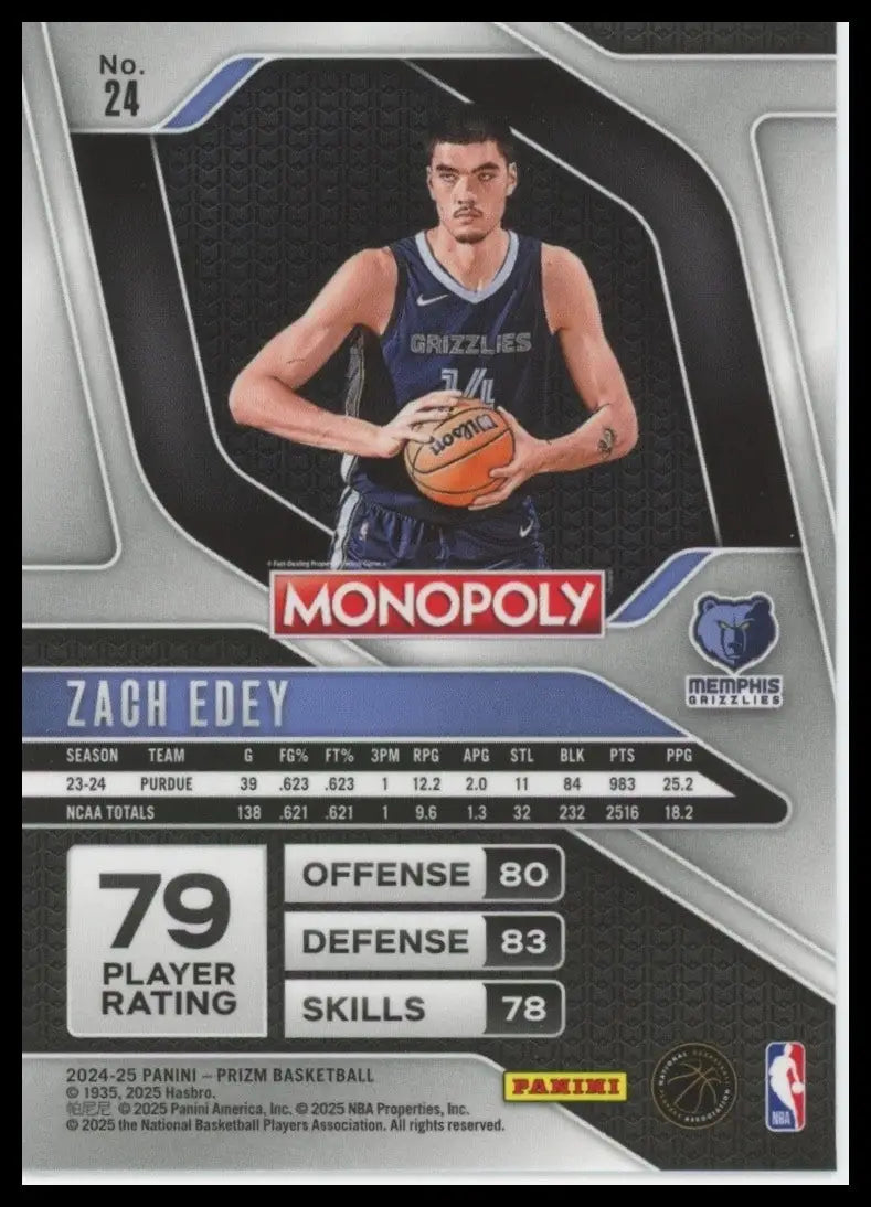 2024-25 Panini Prizm Monopoly Zach Edey Rookie #24 Memphis Grizzlies Basketball - Basketball Card Single