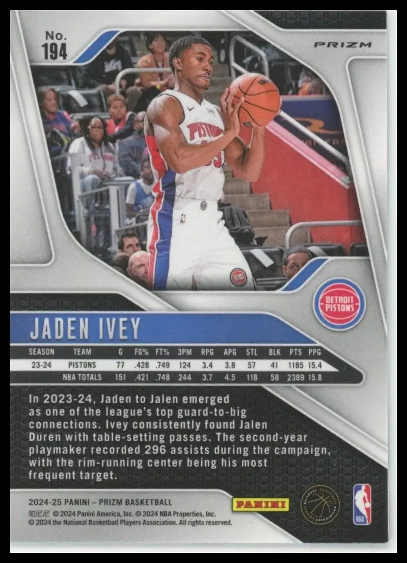 2024-25 Panini Prizm Silver Ice Jaden Ivey #194 Detroit Pistons Basketball Card - Basketball Card Single