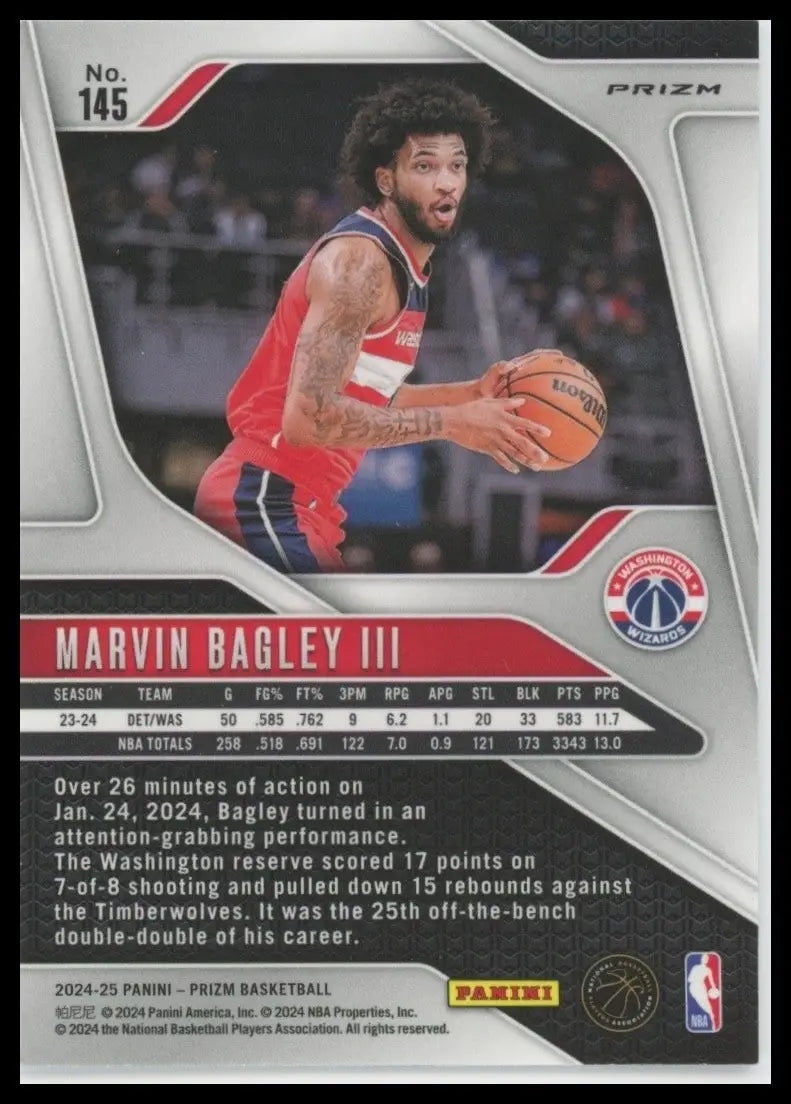 2024-25 Panini Prizm Silver Marvin Bagley III #145 Washington Wizards Basketball - Basketball Card Single
