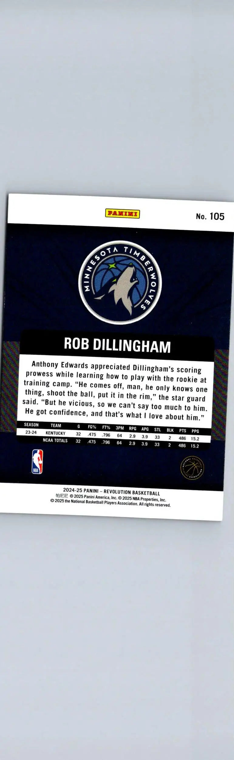 Back of a Panini Revolution Rob Dillingham basketball trading card featuring Timberwolves logo