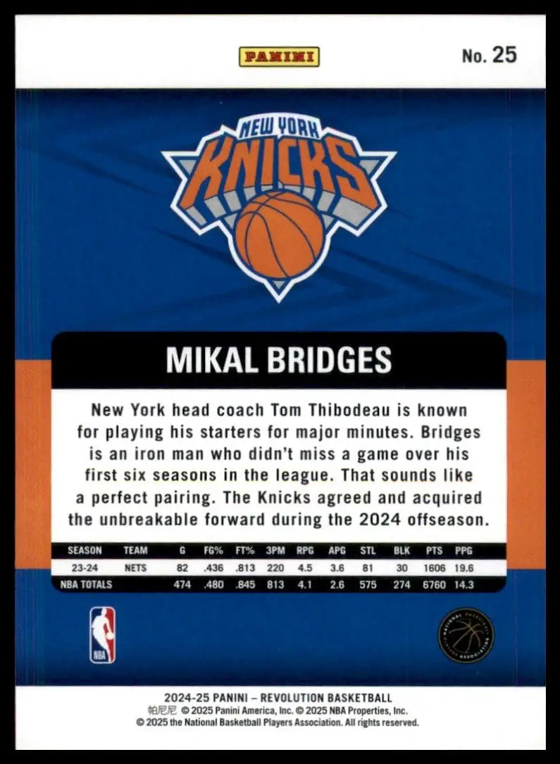 2024-25 Panini Revolution Mikal Bridges #25 New York Knicks Basketball Card NBA - Basketball Card Single