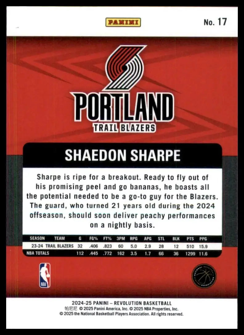 2024-25 Panini Revolution Shaedon Sharpe #17 Portland Trail Blazers Basketball - Basketball Card Single