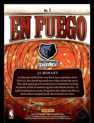 2024-25 Panini Select #1 Ja Morant En Fuego Memphis Grizzlies - Basketball Card Single