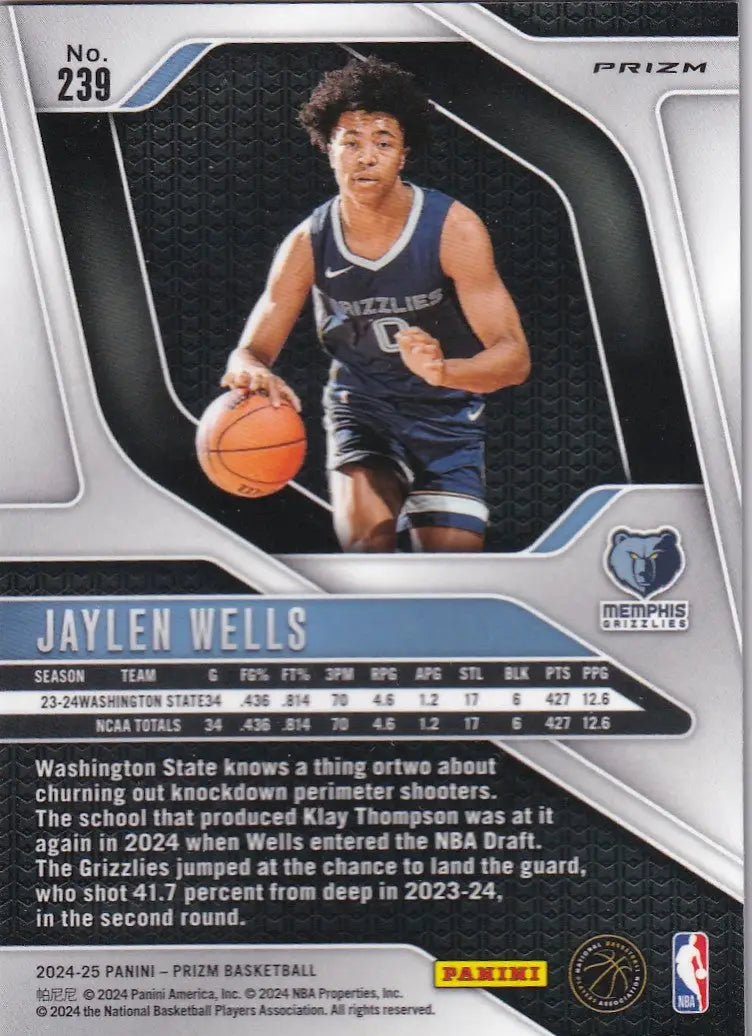 2024-25 PRIZM #239 JAYLEN WELLS GREEN- MEMPHIS GRIZZLIES - Basketball Card Single