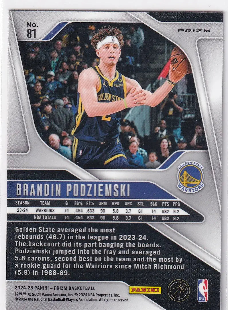2024-25 PRIZM #81 BRANDIN PODZIEMSKI PINK CRACKED ICE- GOLDEN STATE WARRIORS - Basketball Card Single