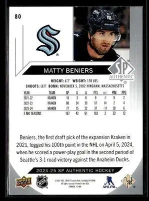 2024-25 SP Authentic Matty Beniers #80 Seattle Kraken - Hockey Card Single