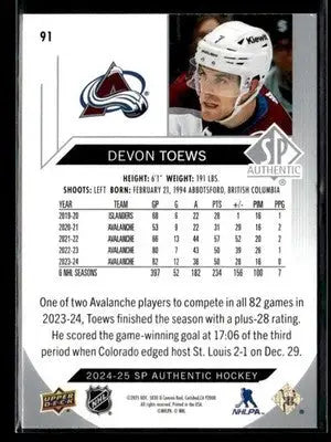 2024-25 SP Devon Toews #91 Colorado Avalanche - Hockey Card Single