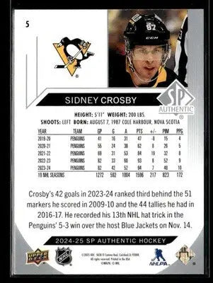 2024-25 SP Sidney Crosby #5 Pittsburgh Penguins - Hockey Card Single