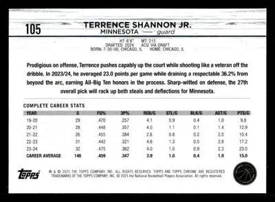 2024-25 Topps Chrome #105 Terrence Shannon Jr - Basketball Card Single