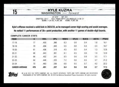 2024-25 Topps Chrome #15 Kyle Kuzma Prism Refractor - Basketball Card Single