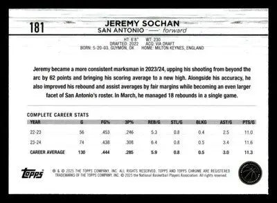 2024-25 Topps Chrome #181 Jeremy Sochan - Basketball Card Single