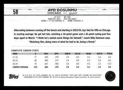 2024-25 Topps Chrome #58 Ayo Dosunmu Base Chicago Bulls - Basketball Card Single