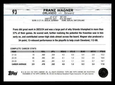 2024-25 Topps Chrome #93 Franz Wagner Green Refractor #/99 Orlando Magic - Basketball Card Single