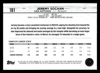 2024-25 Topps Chrome Sapphire #181 Jeremy Sochan - Basketball Card Single