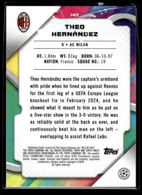2024-25 Topps Finest UEFA Club Comp #143 Theo Hernandez Neon Green Wave - #31/99 - Soccer Card Single