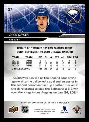 2024-25 Upper Deck #27 Jack Quinn - Hockey Card Single