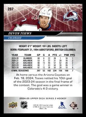 2024-25 Upper Deck #287 Devon Toews - Hockey Card Single