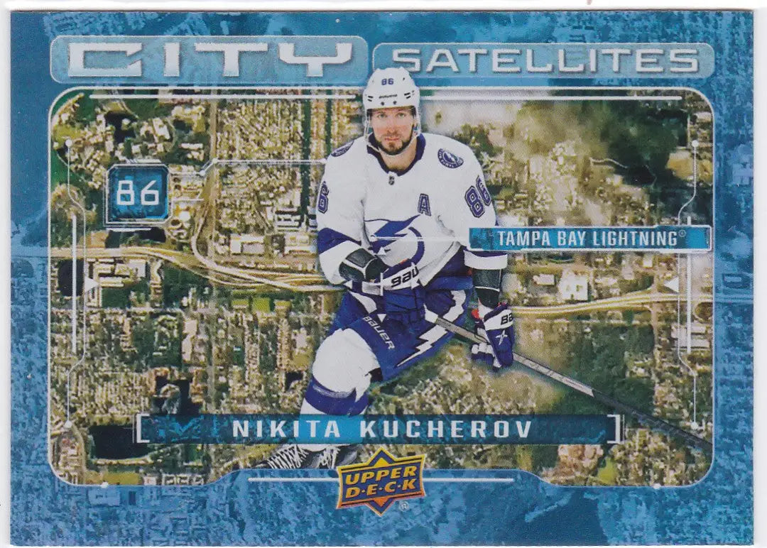 Nikita Kucherov City Satellites trading card on blue satellite map background