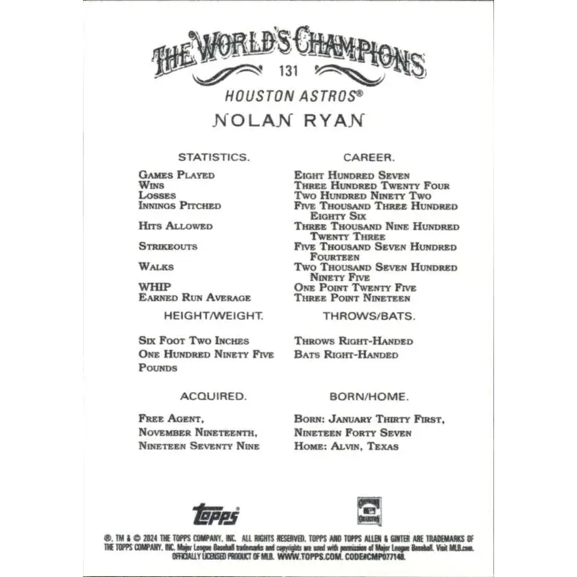 2024 Allen & Ginter #131 Nolan Ryan NM-MT Houston Astros Baseball Card Image 2