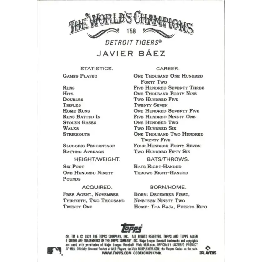 2024 Allen & Ginter #158 Javier Baez NM-MT Detroit Tigers Baseball Card - Baseball Card Single