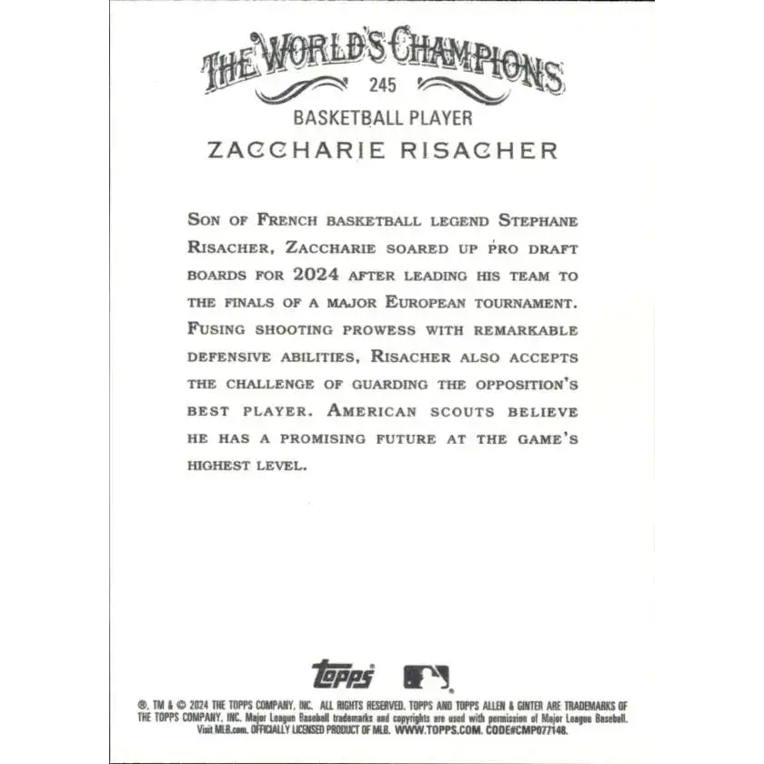 2024 Allen & Ginter #245 Zaccharie Risacher NM-MT Non-Baseball Baseball Card - Baseball Card Single