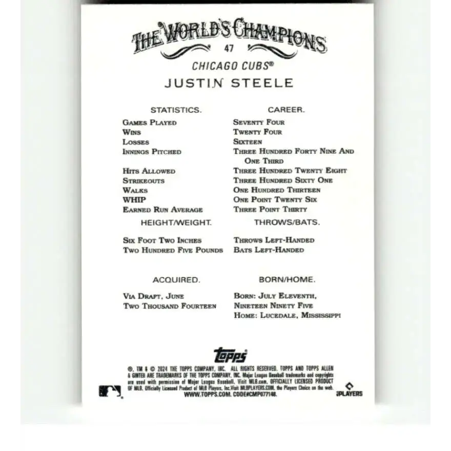 2024 Allen & Ginter #47 Justin Steele NM-MT Chicago Cubs Baseball Card - Baseball Card Single
